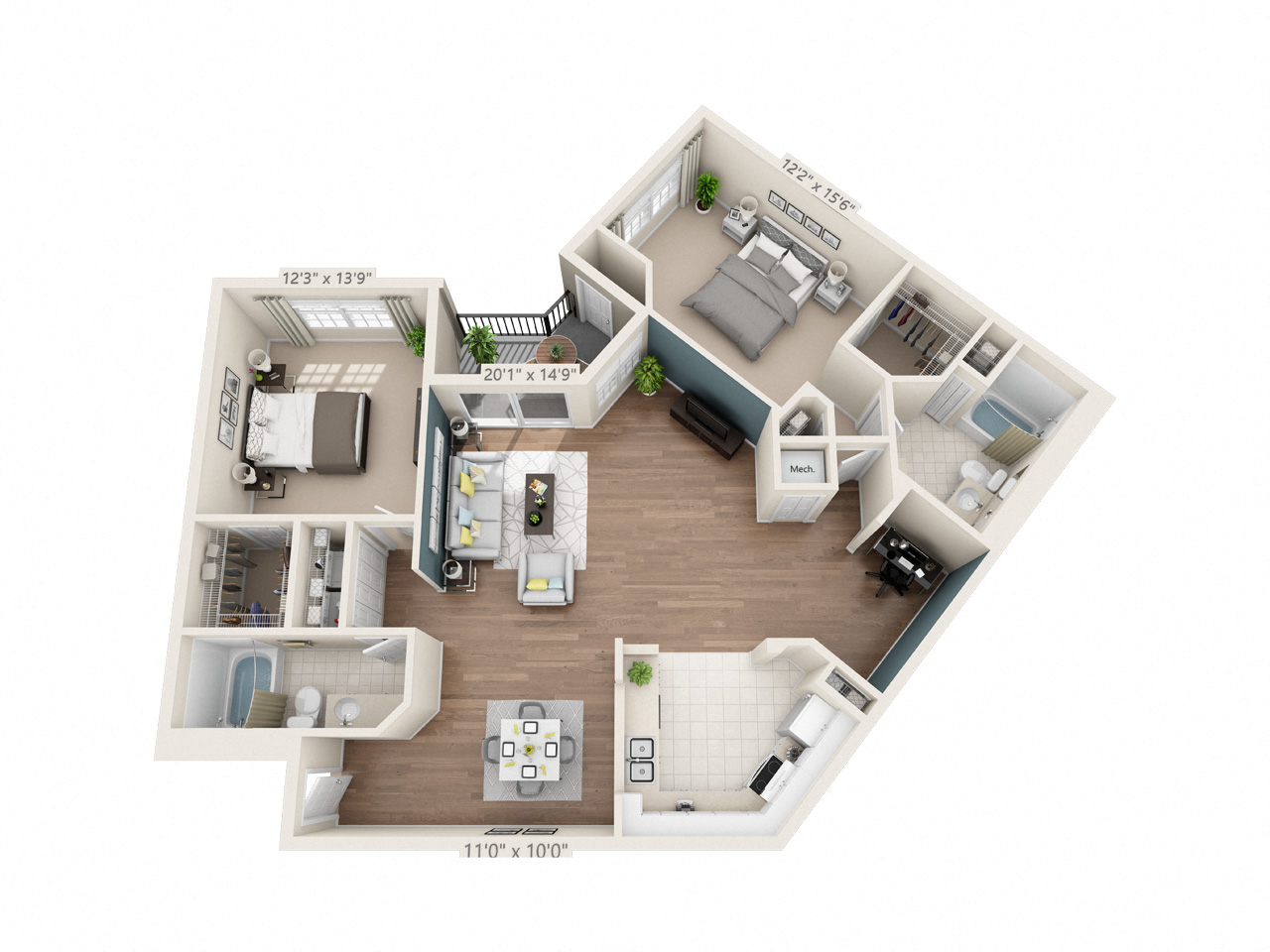 Floor plan for 2 beds, 2 baths, 1422 sqft